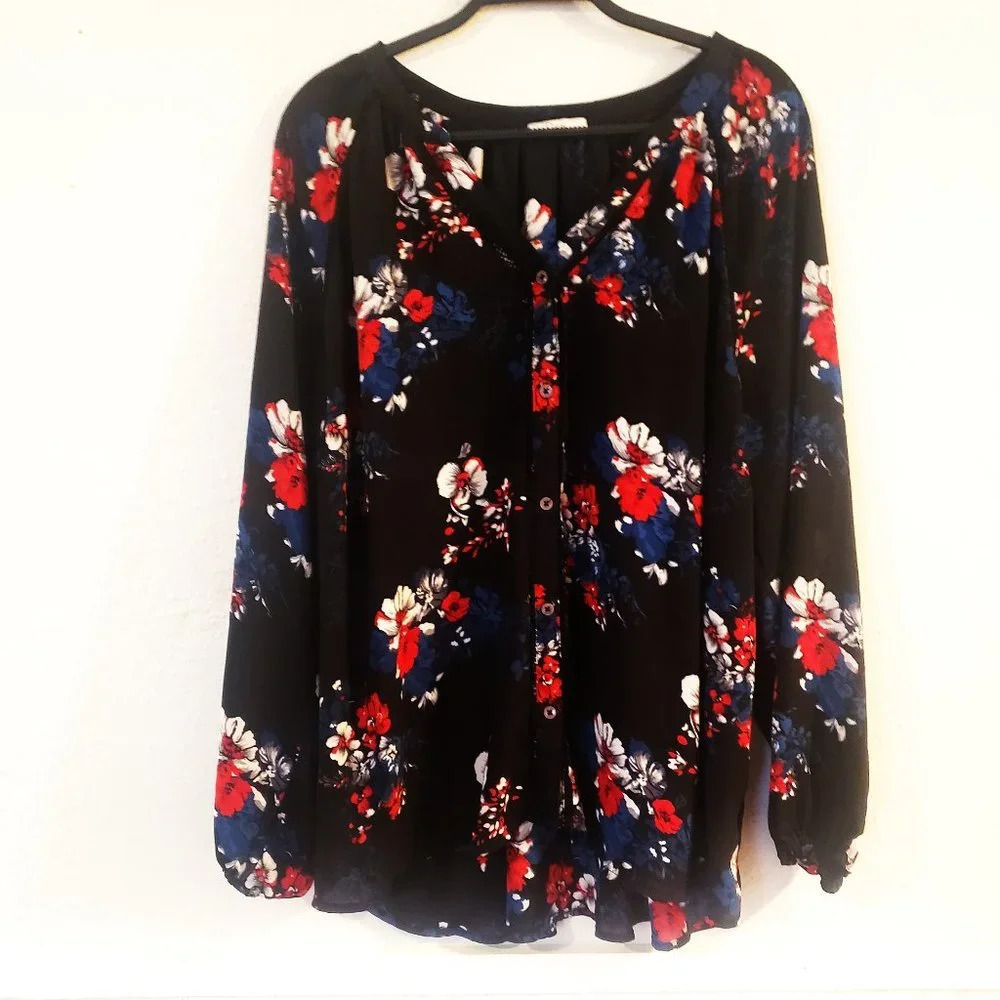 Dex Womens Floral Button Down‎ Blouse Black Red Blue Lace Trim 2X